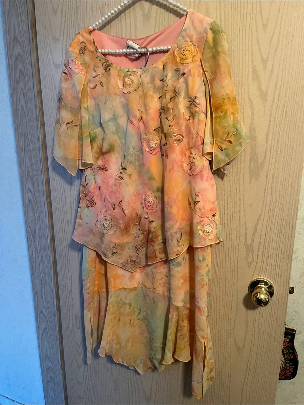 Leslie Belle Pastel Floral Layered Chiffon Blouse & Skirt